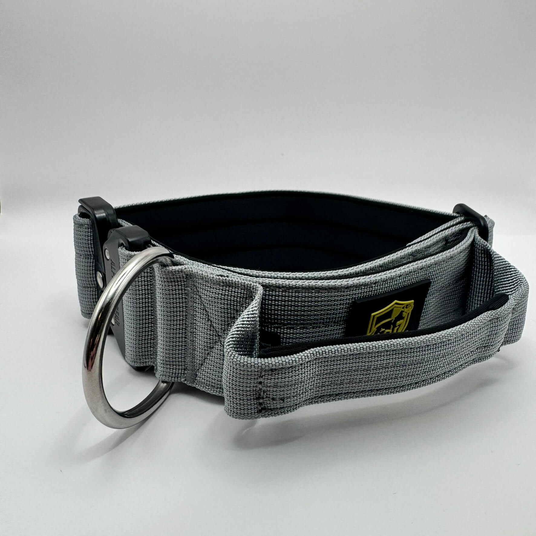 Wolf Grey Alpha K9 Gear tactical handle collar with reinforced stitching, quick-release metal hardware, and padded interior for maximum control of powerful dogs