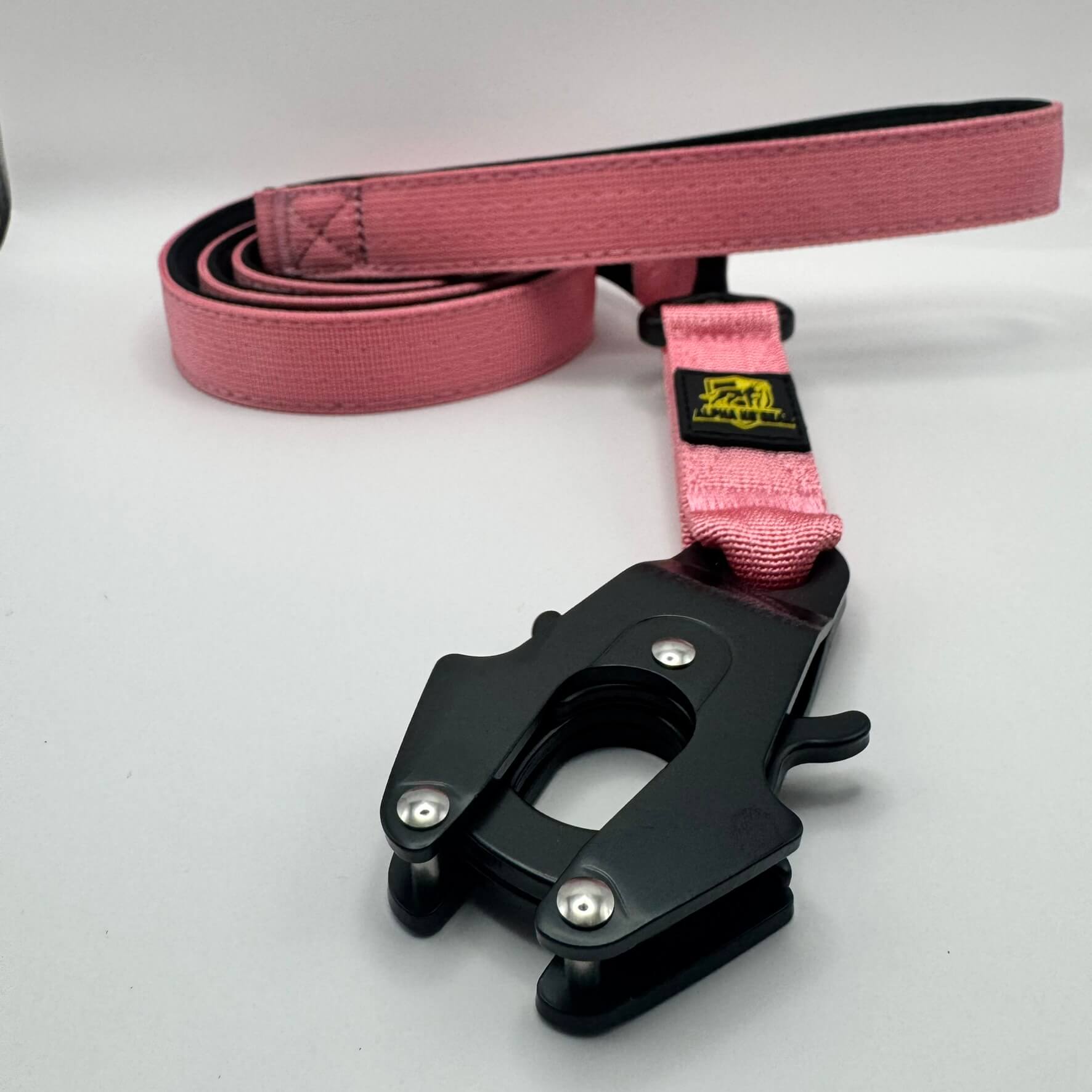 Pink heavy-duty tactical dog collar with stainless steel hardware and Alpha K9 Gear branding