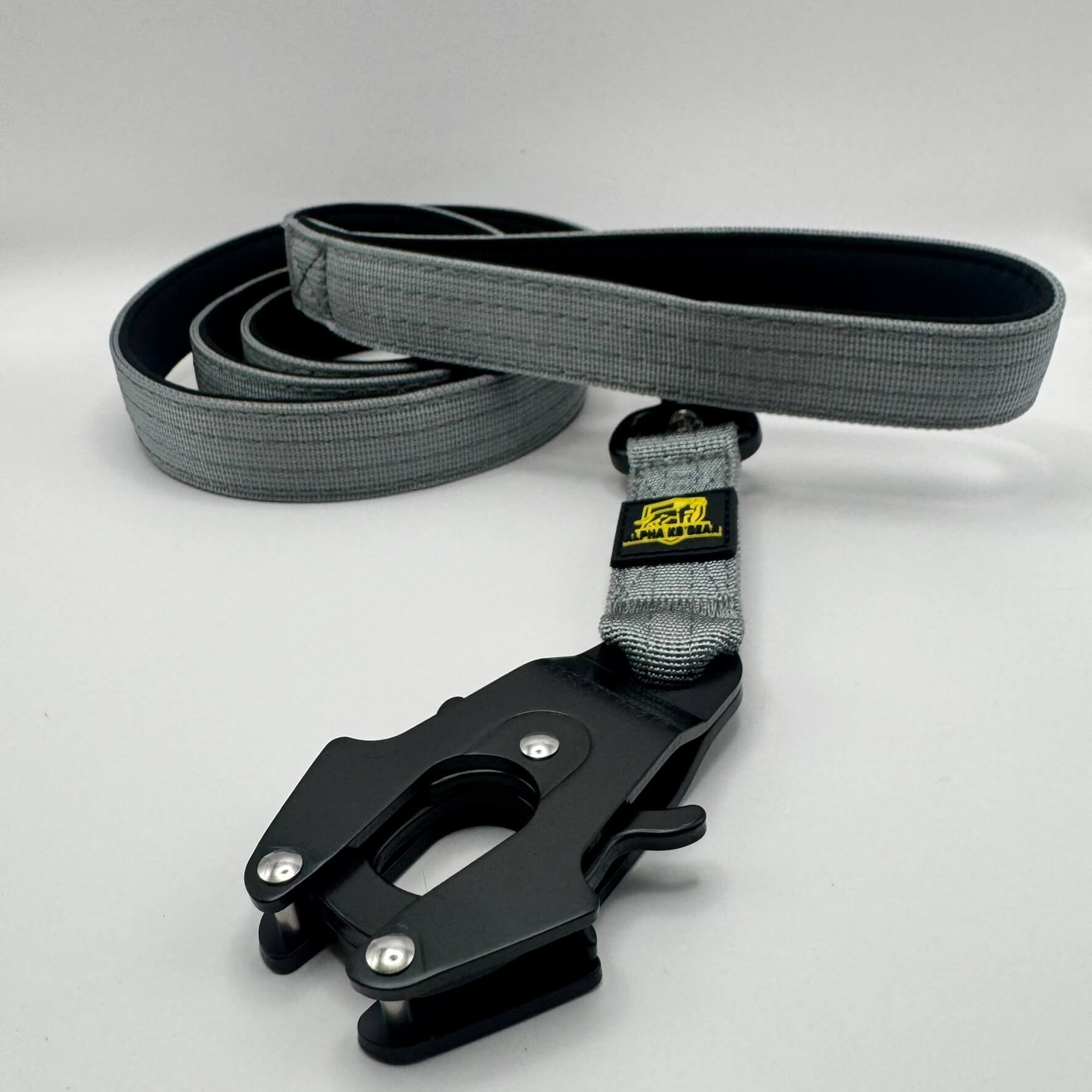 Silver heavy-duty tactical dog collar with stainless steel hardware and Alpha K9 Gear branding