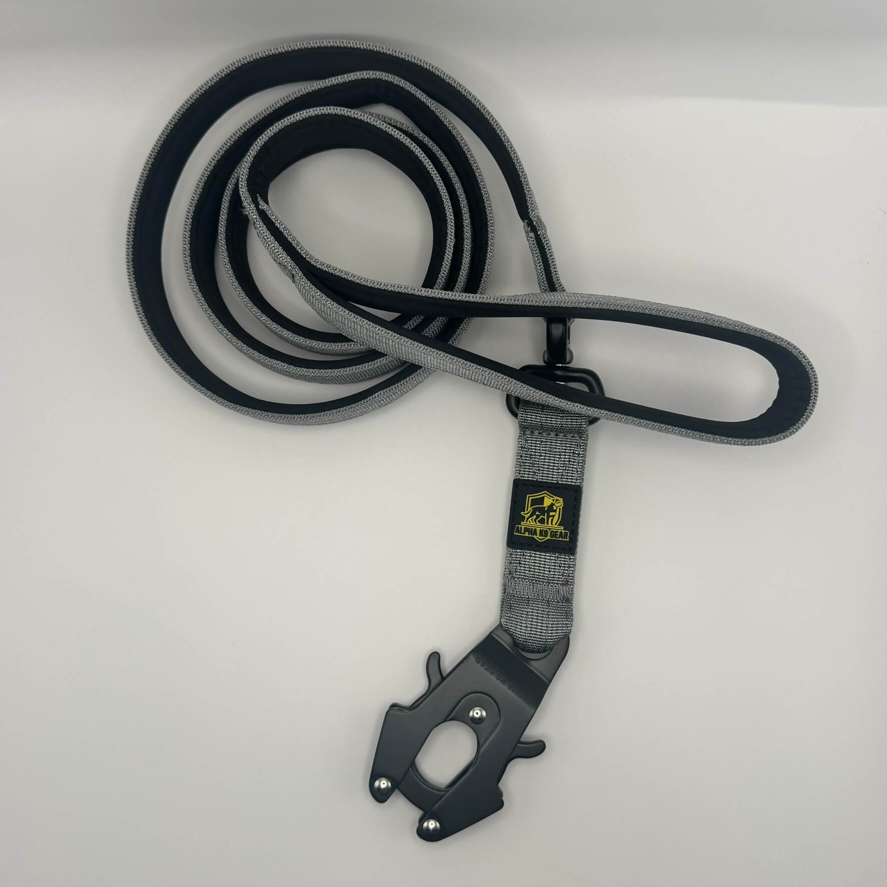 Silver heavy-duty tactical dog collar with stainless steel hardware and Alpha K9 Gear branding