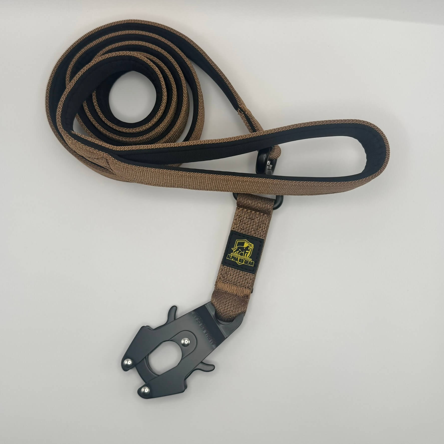 Brown heavy-duty tactical dog collar with stainless steel hardware and Alpha K9 Gear branding