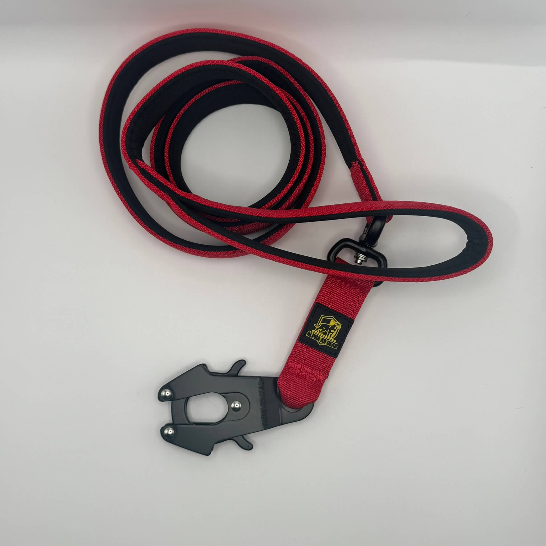 Red heavy-duty tactical dog collar with stainless steel hardware and Alpha K9 Gear branding