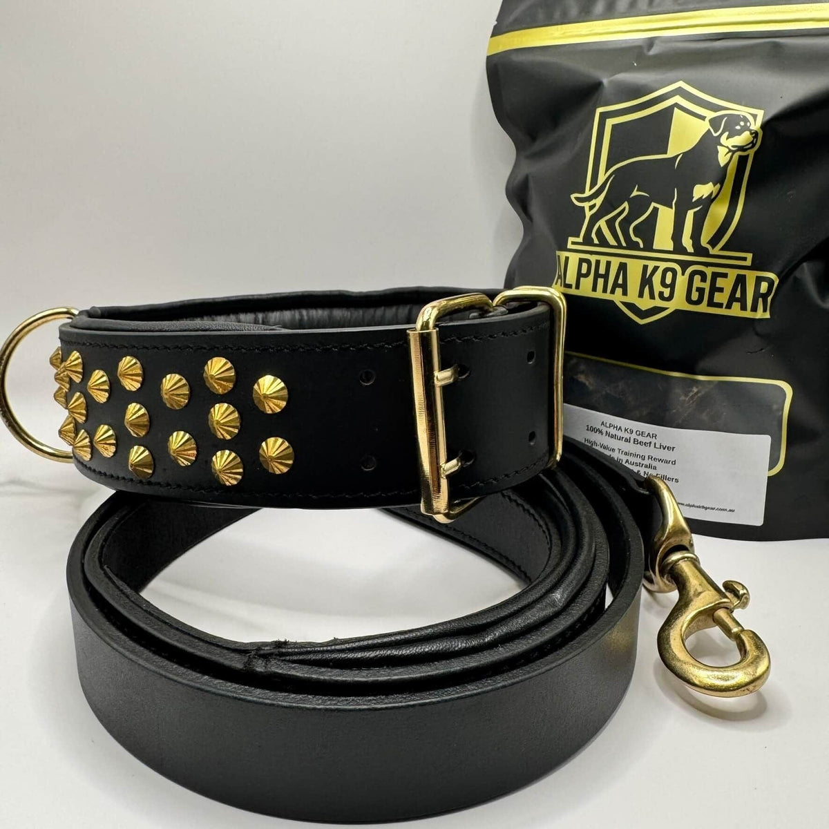 Alpha K9 Gear Studded Leather Bundle with black studded leather collar, padded leather lead and Beef Liver treats