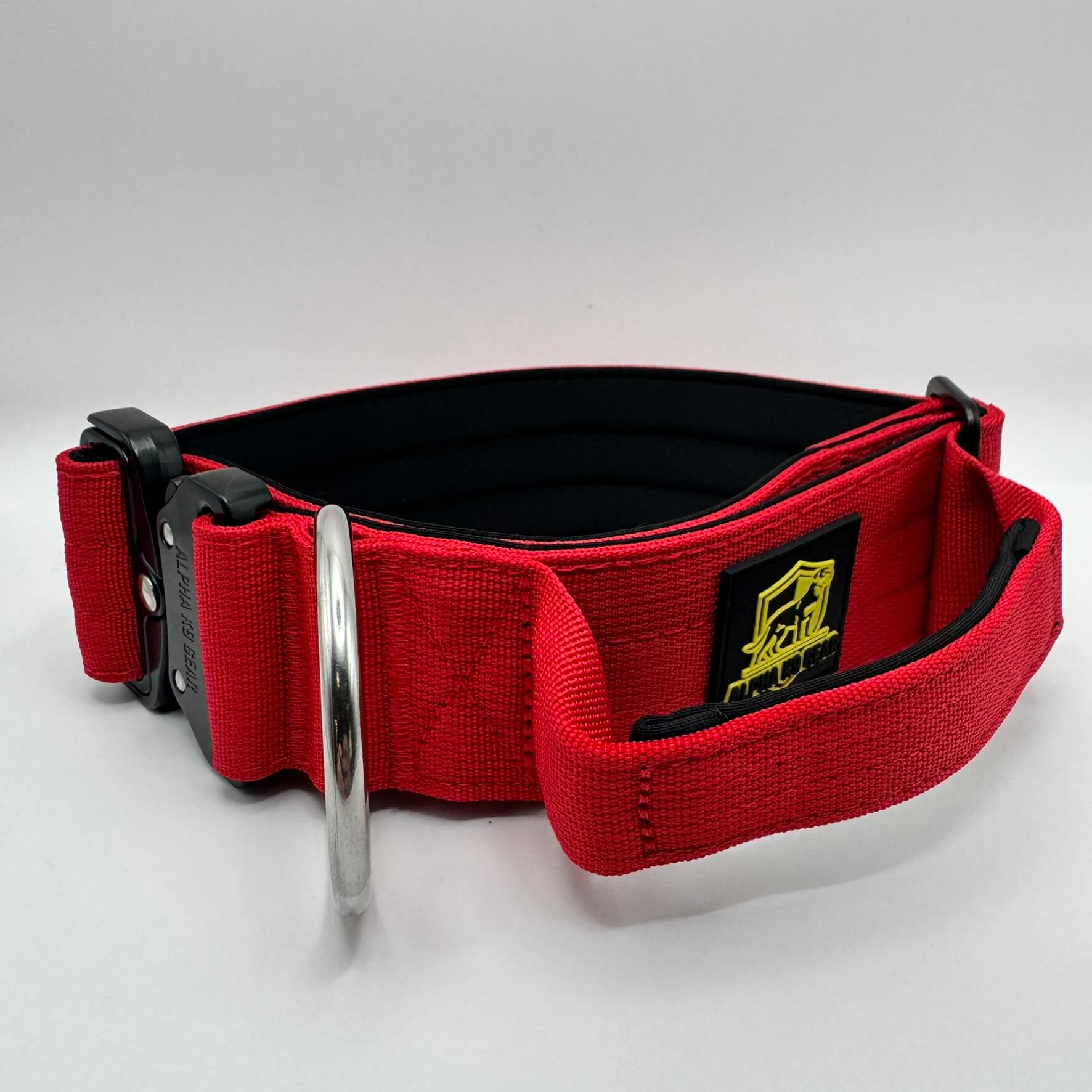 Red Alpha K9 Gear tactical handle collar with reinforced stitching, quick-release metal hardware, and padded interior for maximum control of powerful dogs
