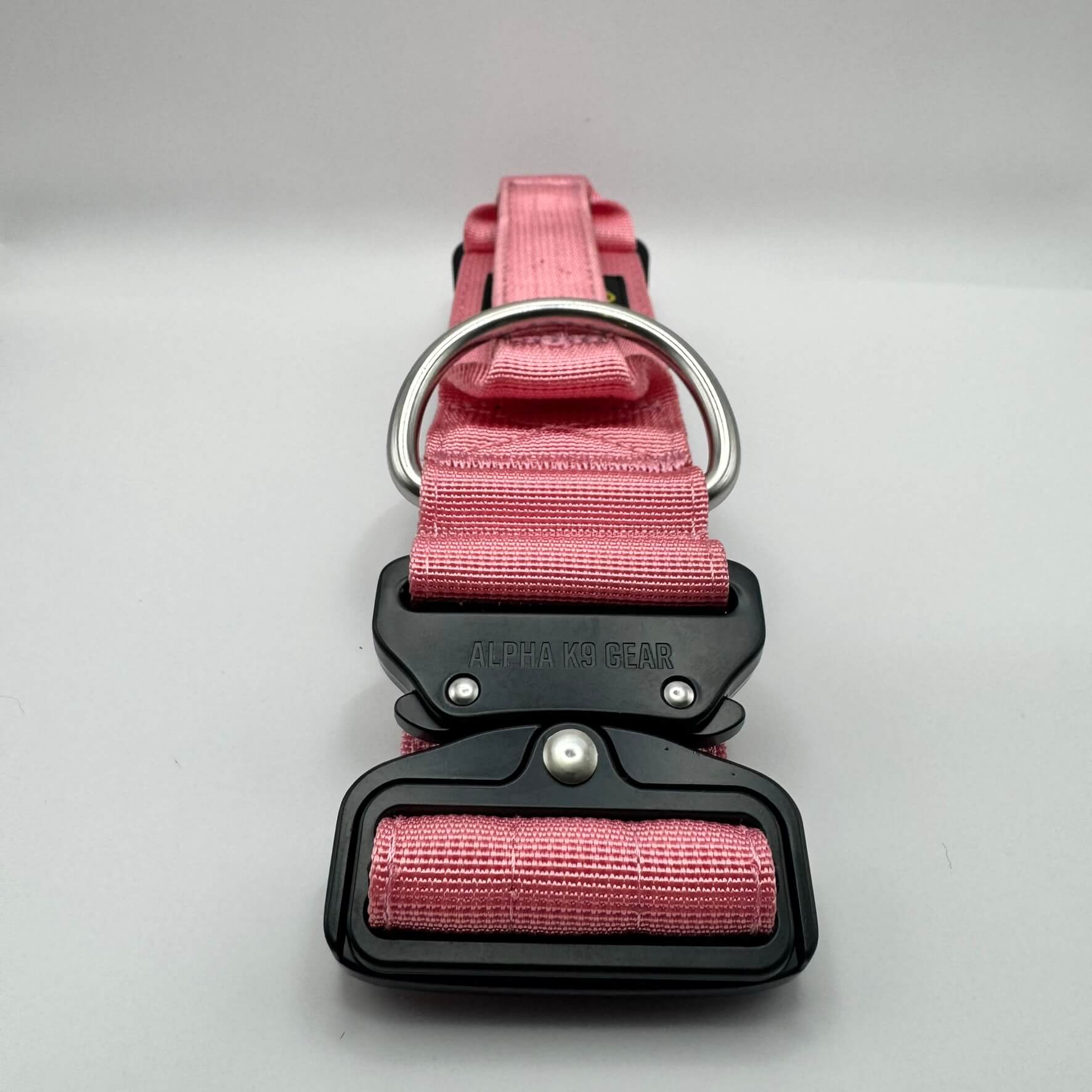 Official Alpha K9 Gear Pink Tactical Dog Collar, featuring a signature heavy-duty quick-release metal buckle, reinforced control handle, and premium double-layered nylon engineered for large breeds