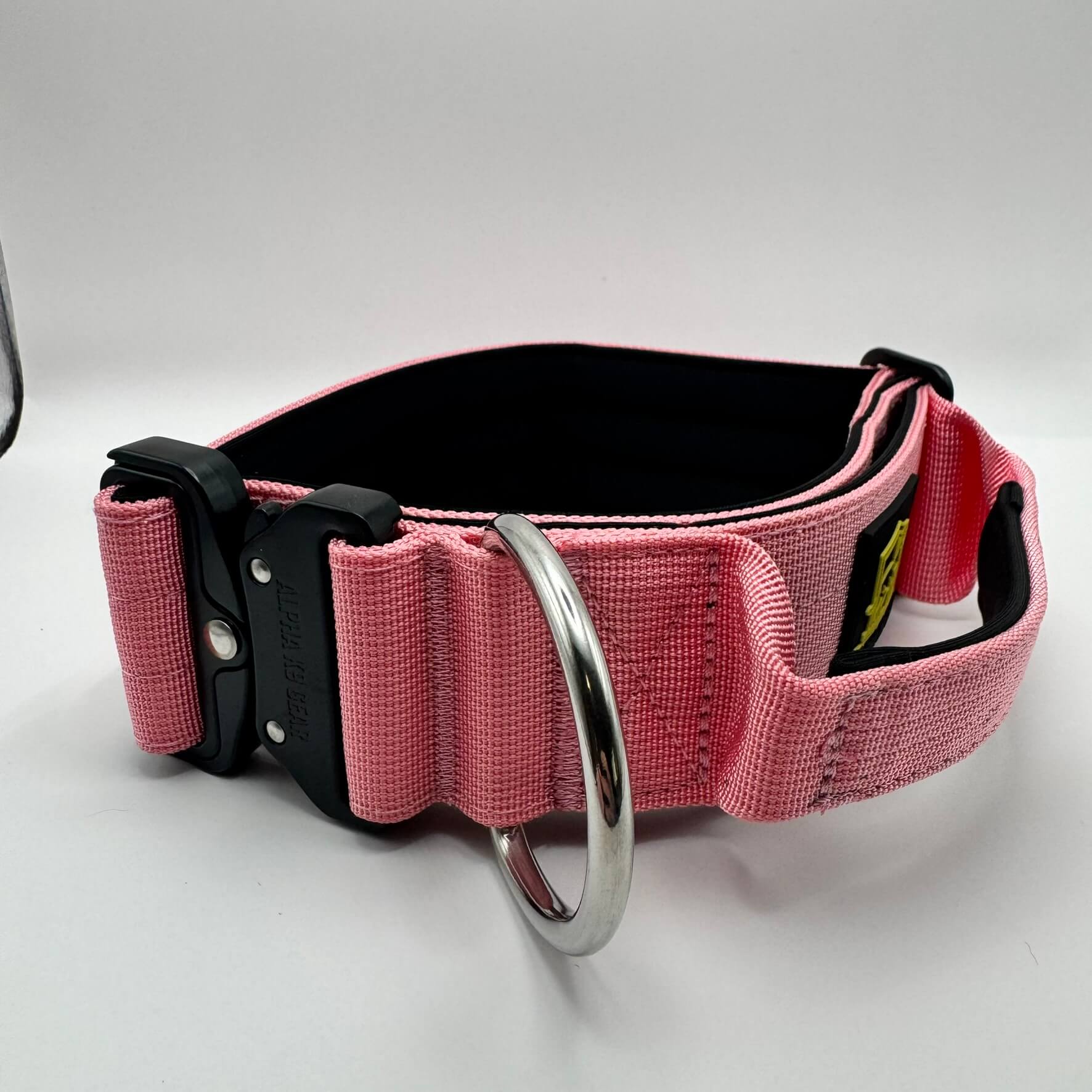 Pink Alpha K9 Gear tactical handle collar with reinforced stitching, quick-release metal hardware, and padded interior for maximum control of powerful dogs