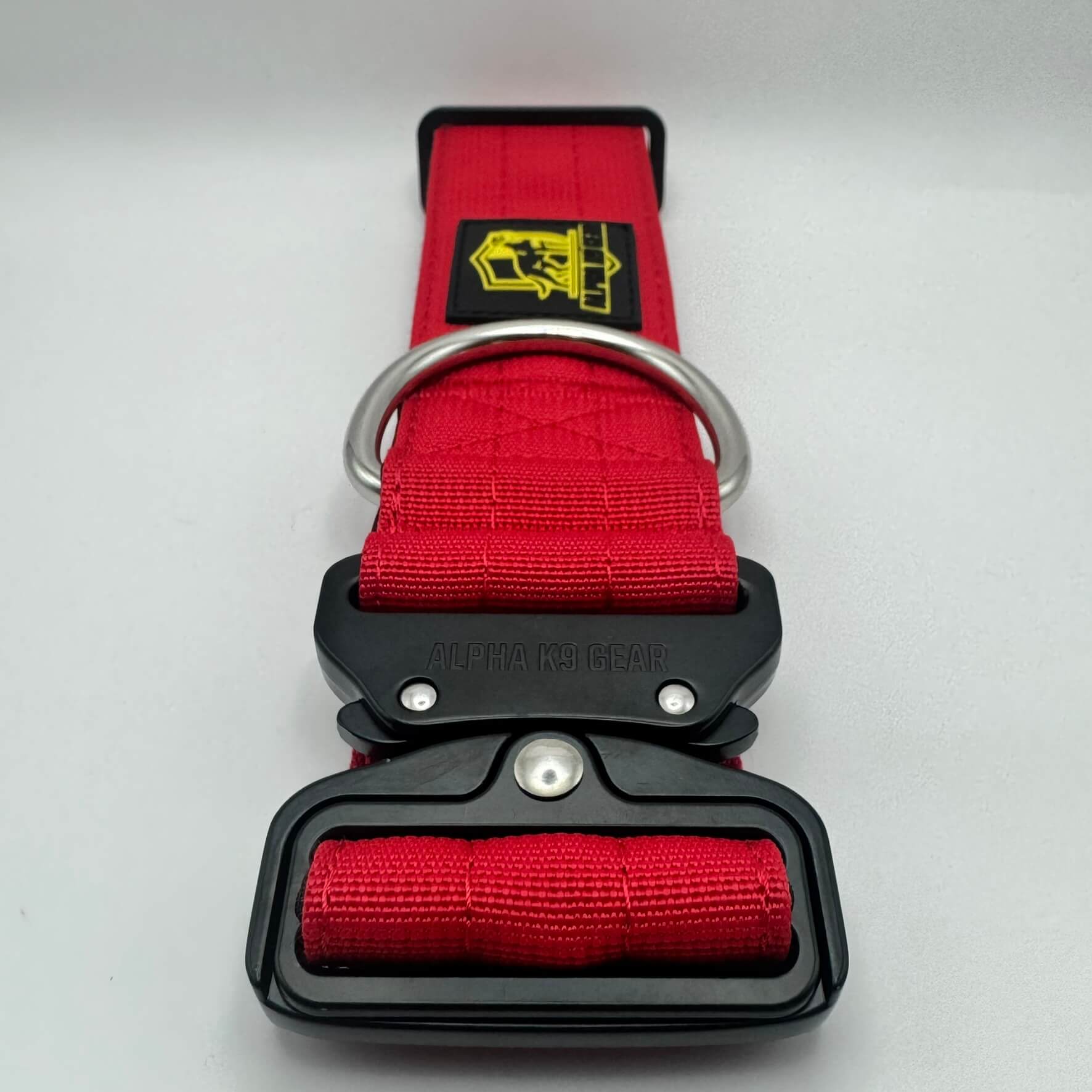 Red heavy-duty tactical dog collar for large dogs, featuring high-strength nylon, quick-release metal buckle, and signature Alpha K9 Gear branding.