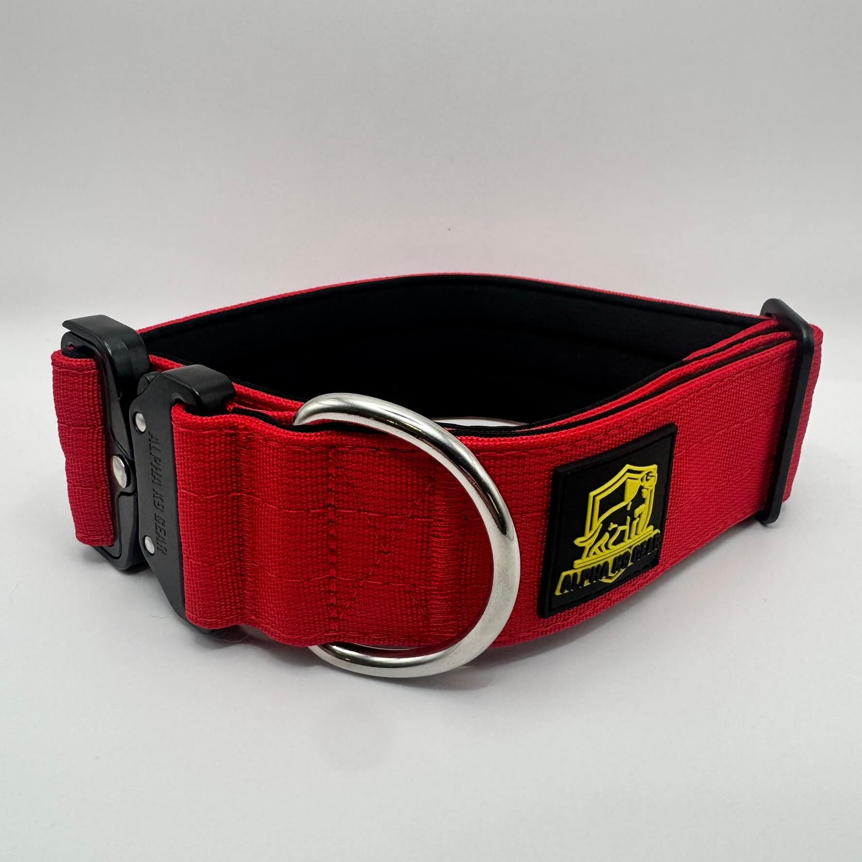 Red heavy-duty tactical dog collar for large dogs, featuring high-strength nylon, quick-release metal buckle, and signature Alpha K9 Gear branding.