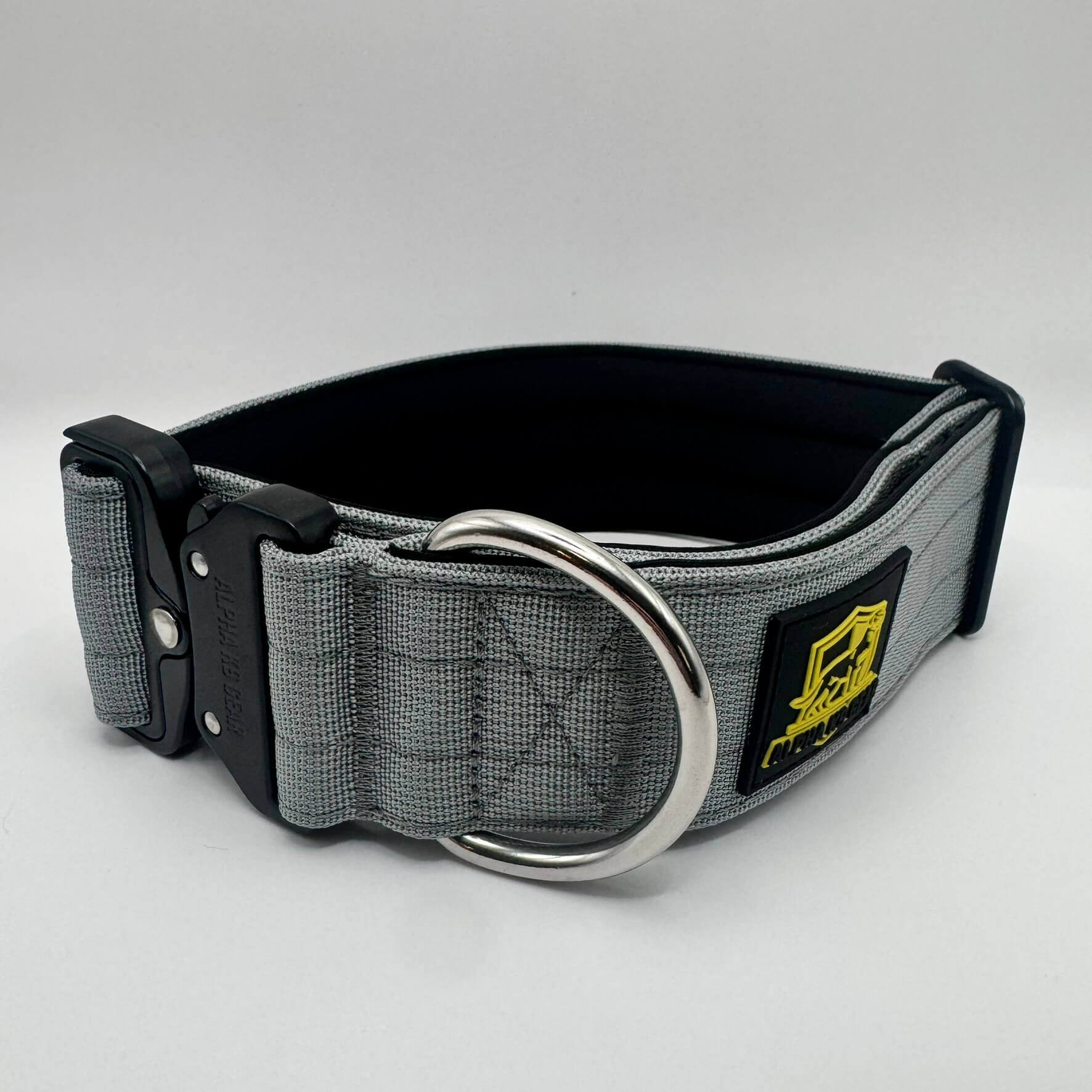 Grey Tactical Dog Collar featuring durable hardware and premium build quality designed for long-lasting use