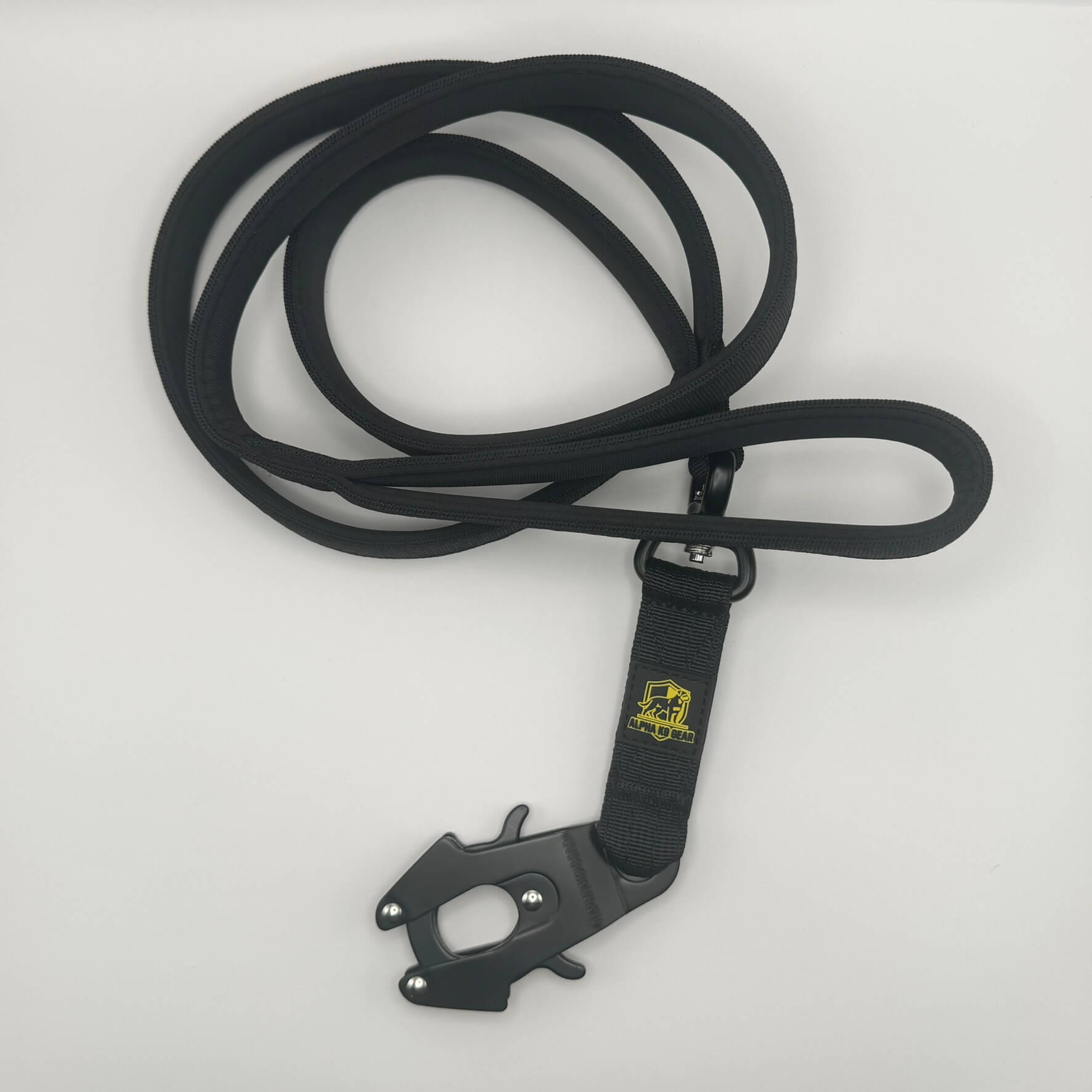 Black heavy-duty tactical dog collar with stainless steel hardware and Alpha K9 Gear branding