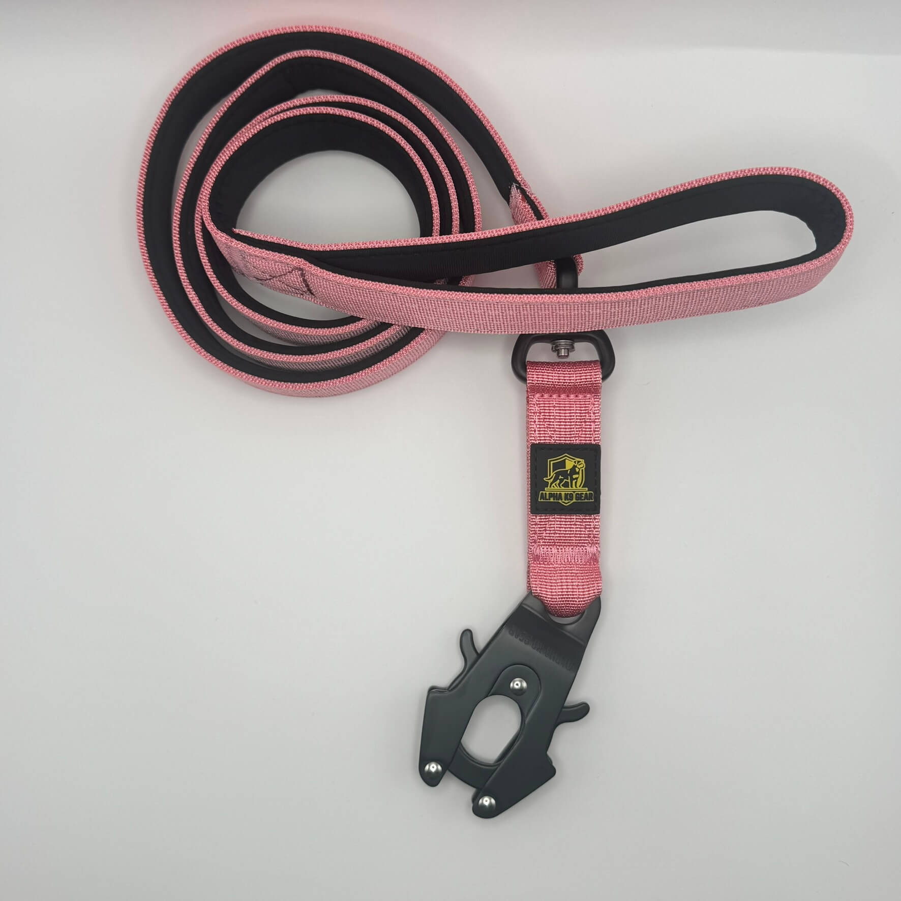 Pink heavy-duty tactical dog collar with stainless steel hardware and Alpha K9 Gear branding