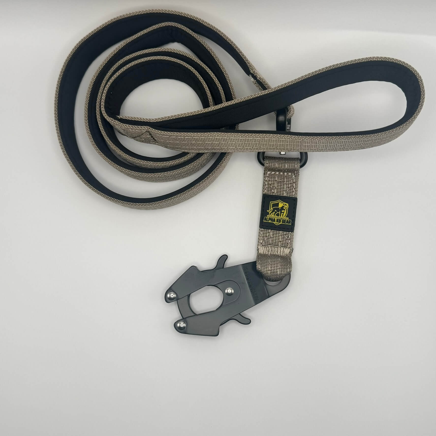 Tan heavy-duty tactical dog collar with stainless steel hardware and Alpha K9 Gear branding