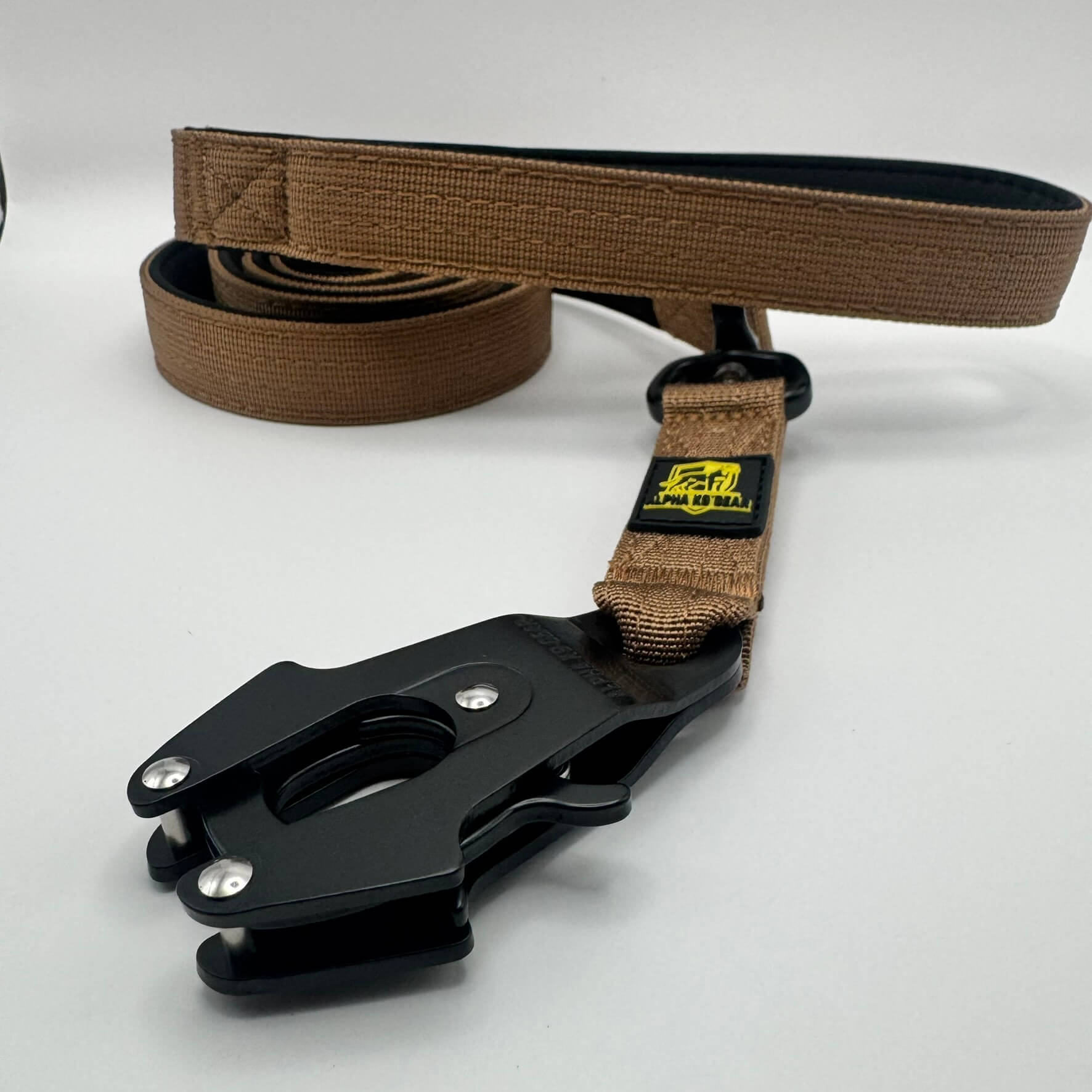 Brown heavy-duty tactical dog collar with stainless steel hardware and Alpha K9 Gear branding
