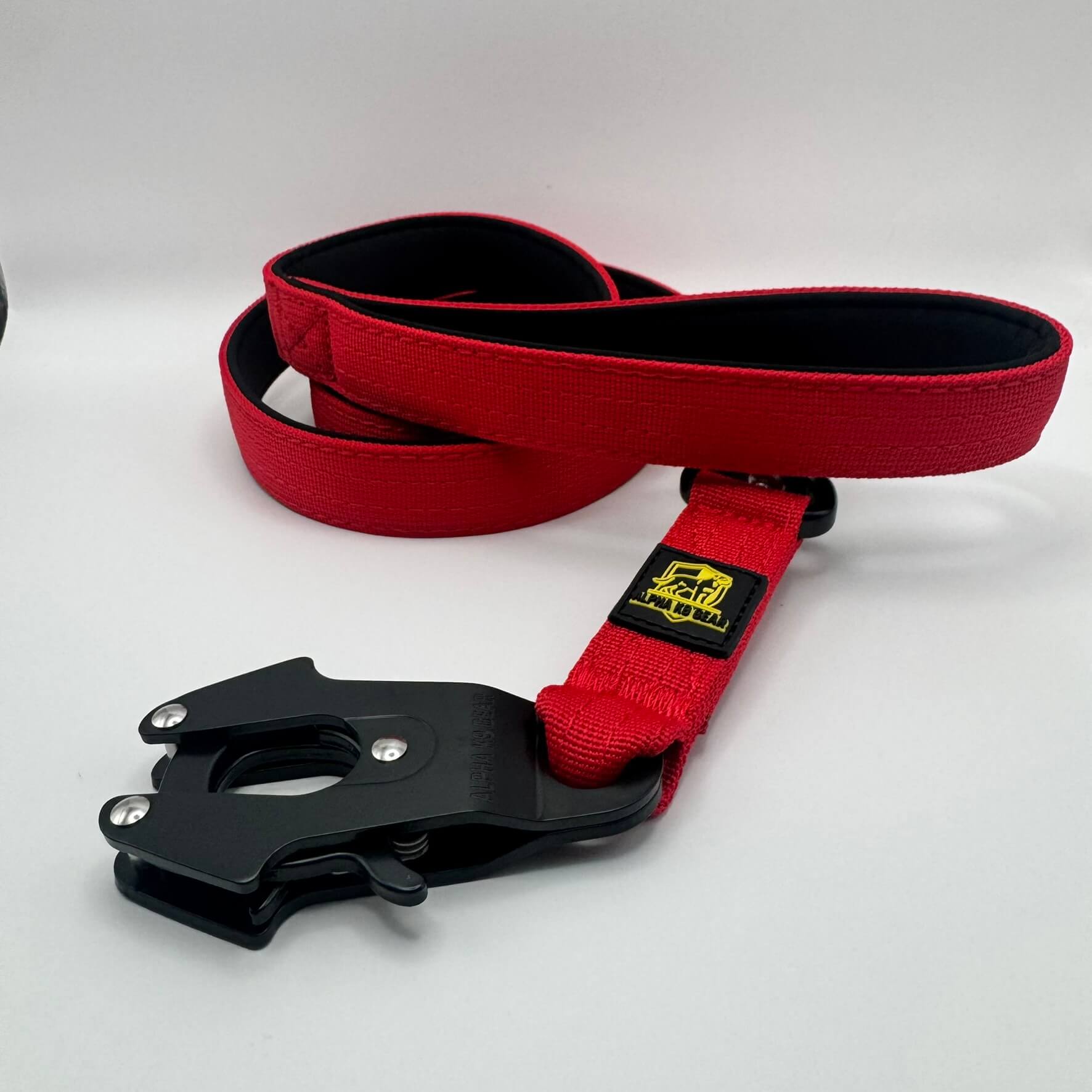 Red heavy-duty tactical dog collar with stainless steel hardware and Alpha K9 Gear branding