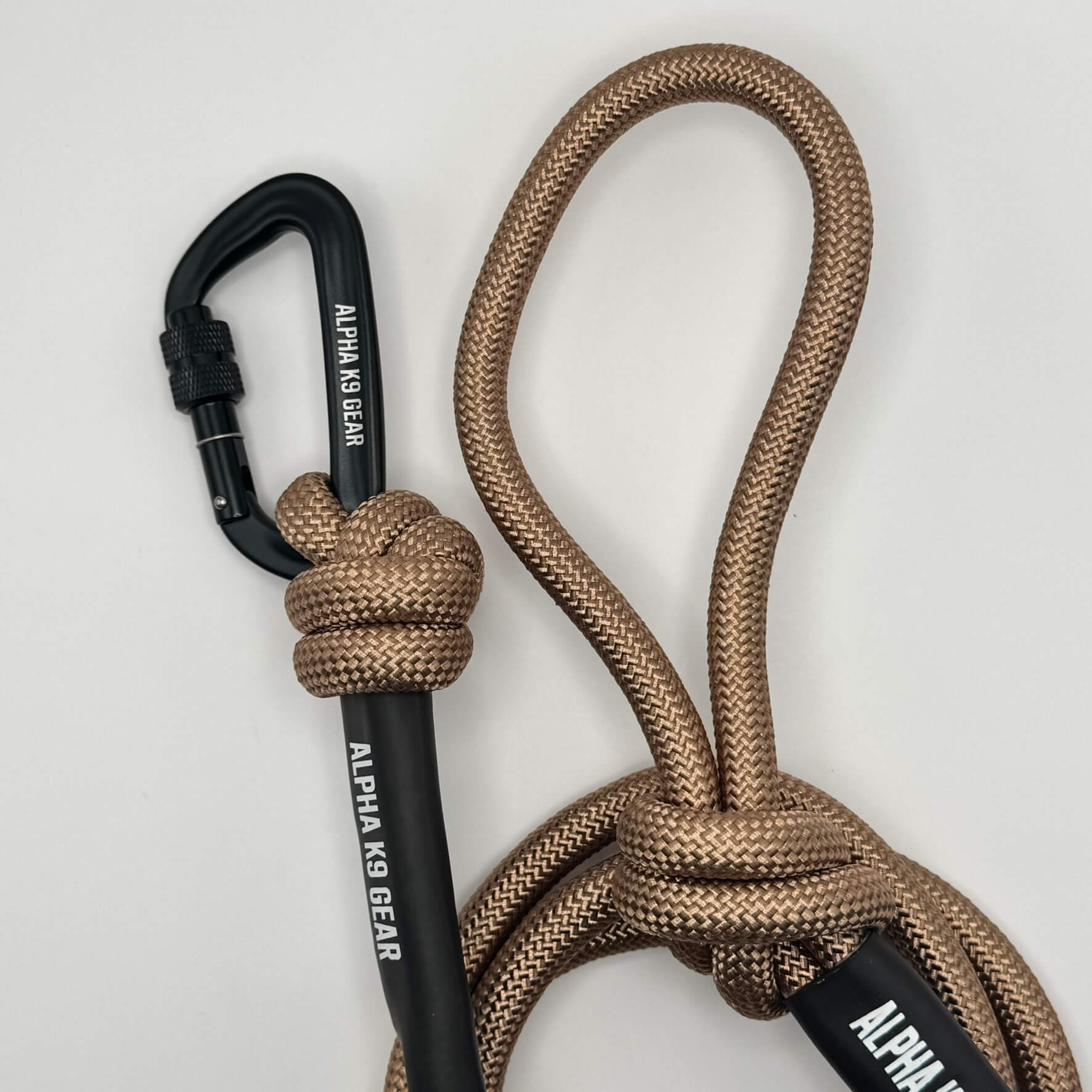 Brown heavy-duty rope dog lead with secure black screw-gate carabiner for large, powerful dogs.