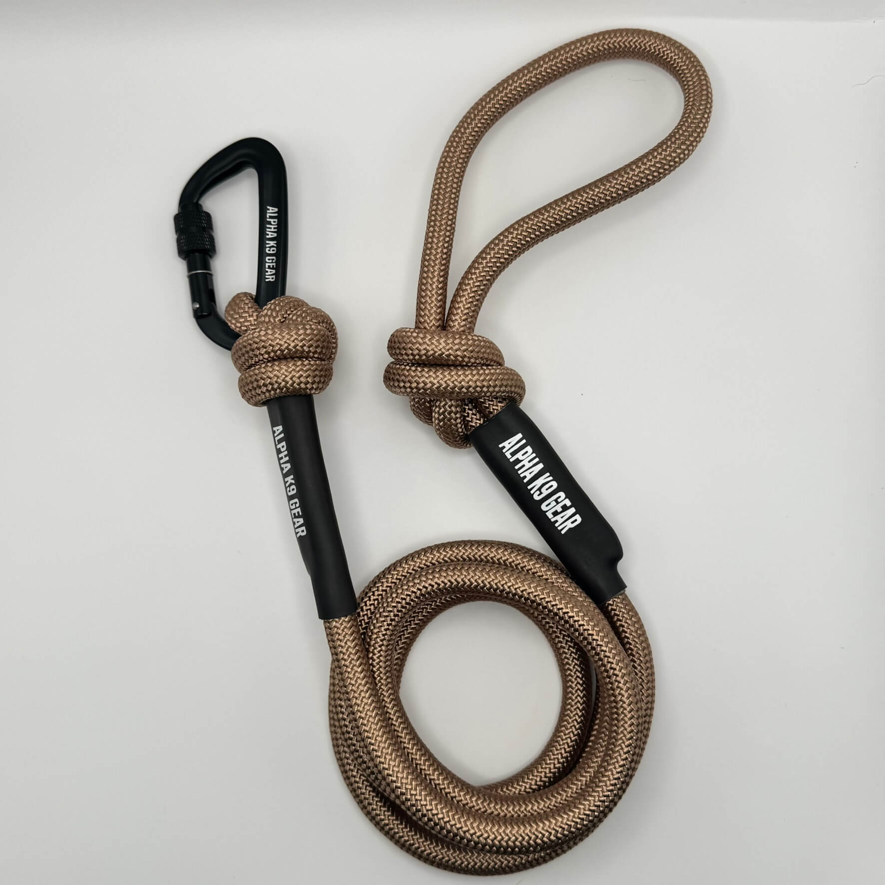 Brown heavy-duty rope dog lead with secure black screw-gate carabiner for large, powerful dogs.