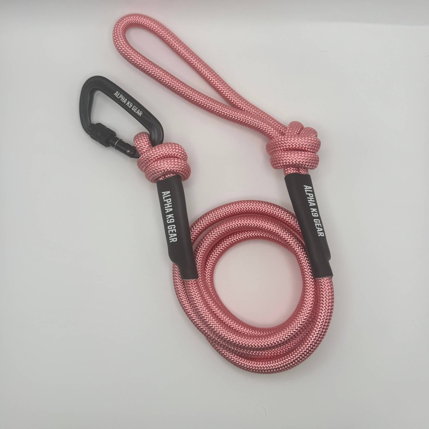 Pink heavy-duty rope dog lead with secure black screw-gate carabiner for large, powerful dogs.